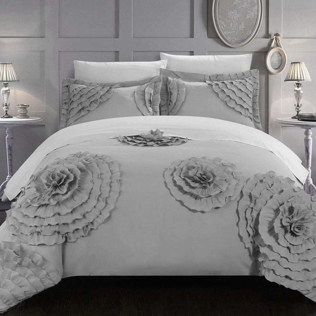 Luxury Flower Frill Bridal Bedding Set 6 Pcs- Grey