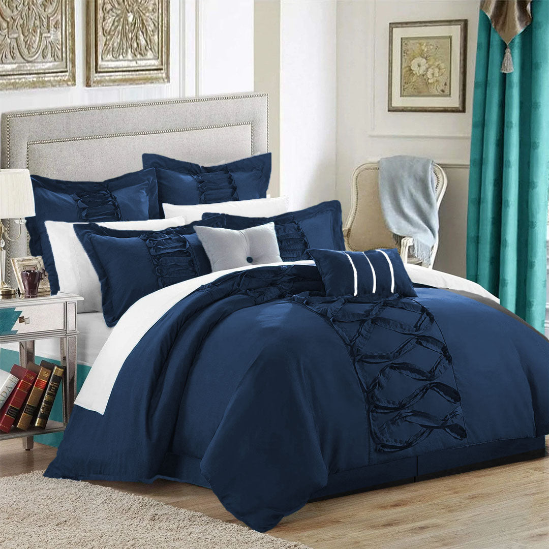 Luxury Loop Frill Bridal Bedding Set 8 Pcs-Navy Blue