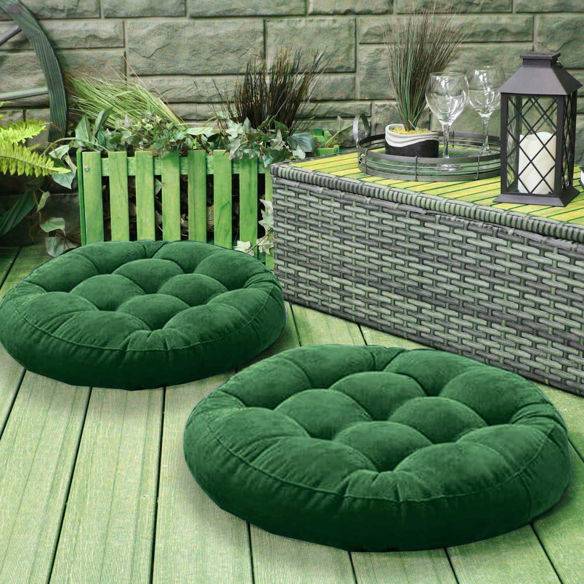 Pack of 2 Velvet Floor Cushions Green (Filled)